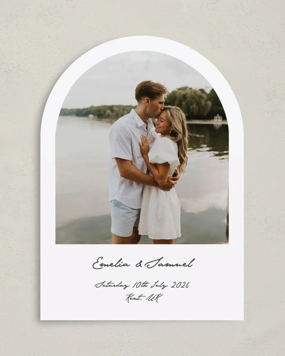 This is a 5" x 7" Arch Save the Date called With Love printed in full color on Premium Smooth paper