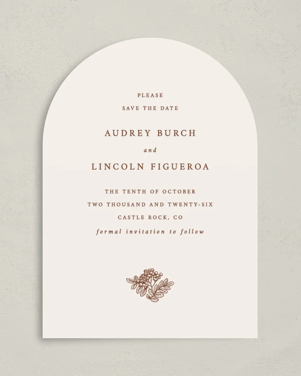 This is a 5" x 7" Arch Save the Date called Autumn Vow printed in full color on Premium Smooth paper