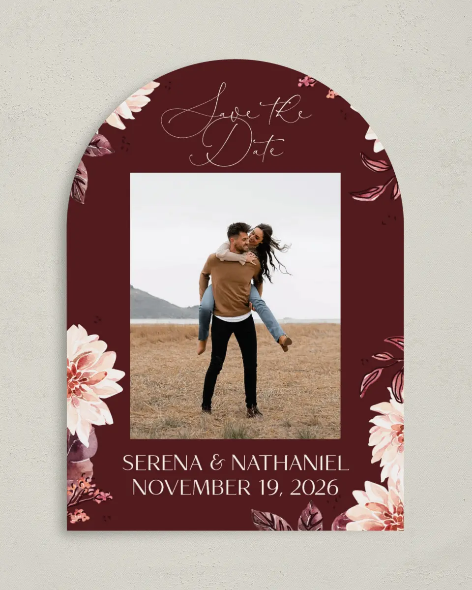 This is a 5" x 7" Arch Save the Date called Fall Florals printed in full color on Premium Smooth paper