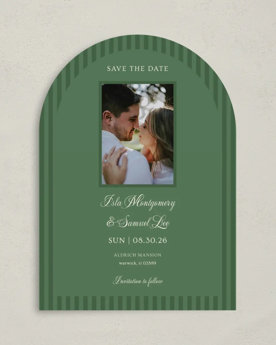 This is a 5" x 7" Arch Save the Date called Warwick printed in full color on Premium Smooth paper