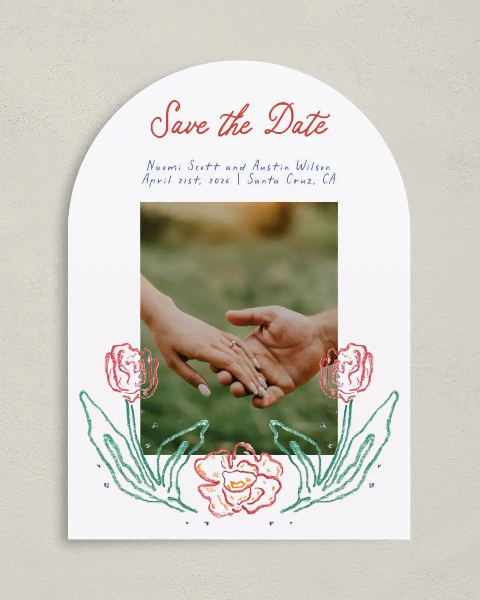 This is a 5" x 7" Arch Save the Date called Whimsy Love printed in full color on Premium Smooth paper