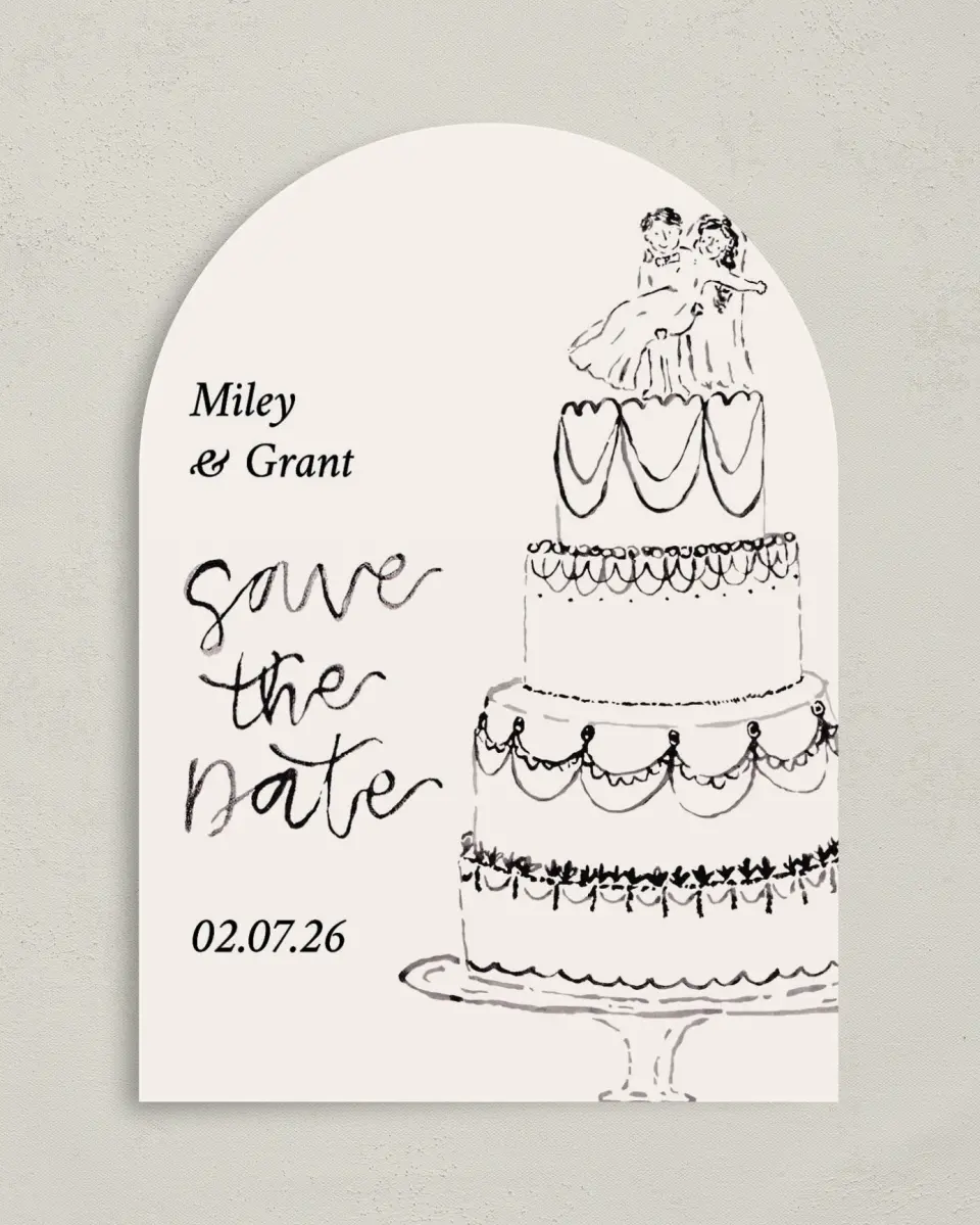 This is a 5" x 7" Arch Save the Date called Mi Amor printed in full color with Rose Gold foil on Luxe Satin paper