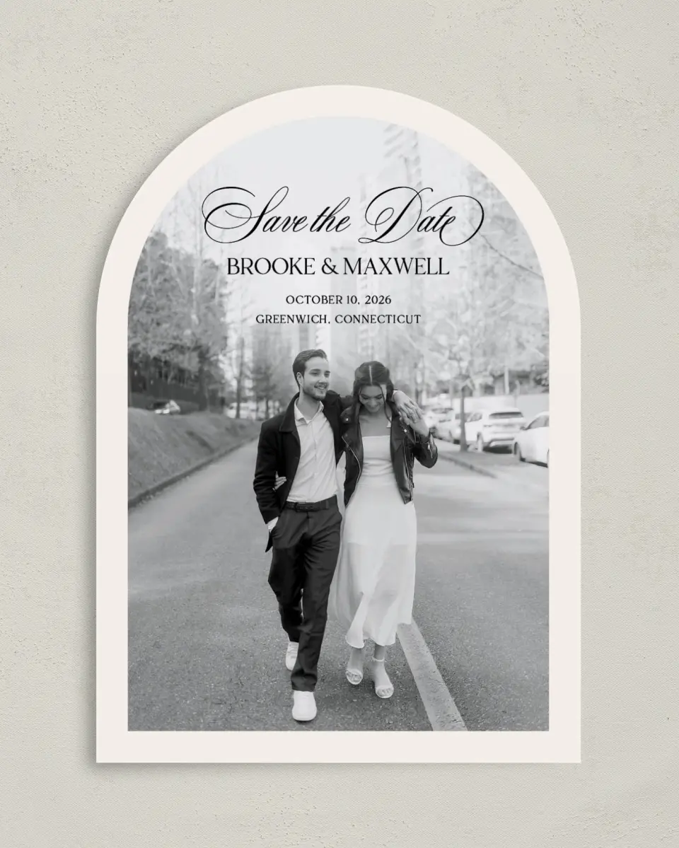This is a 5" x 7" Arch Save the Date called Greenwich printed in full color on Premium Smooth paper
