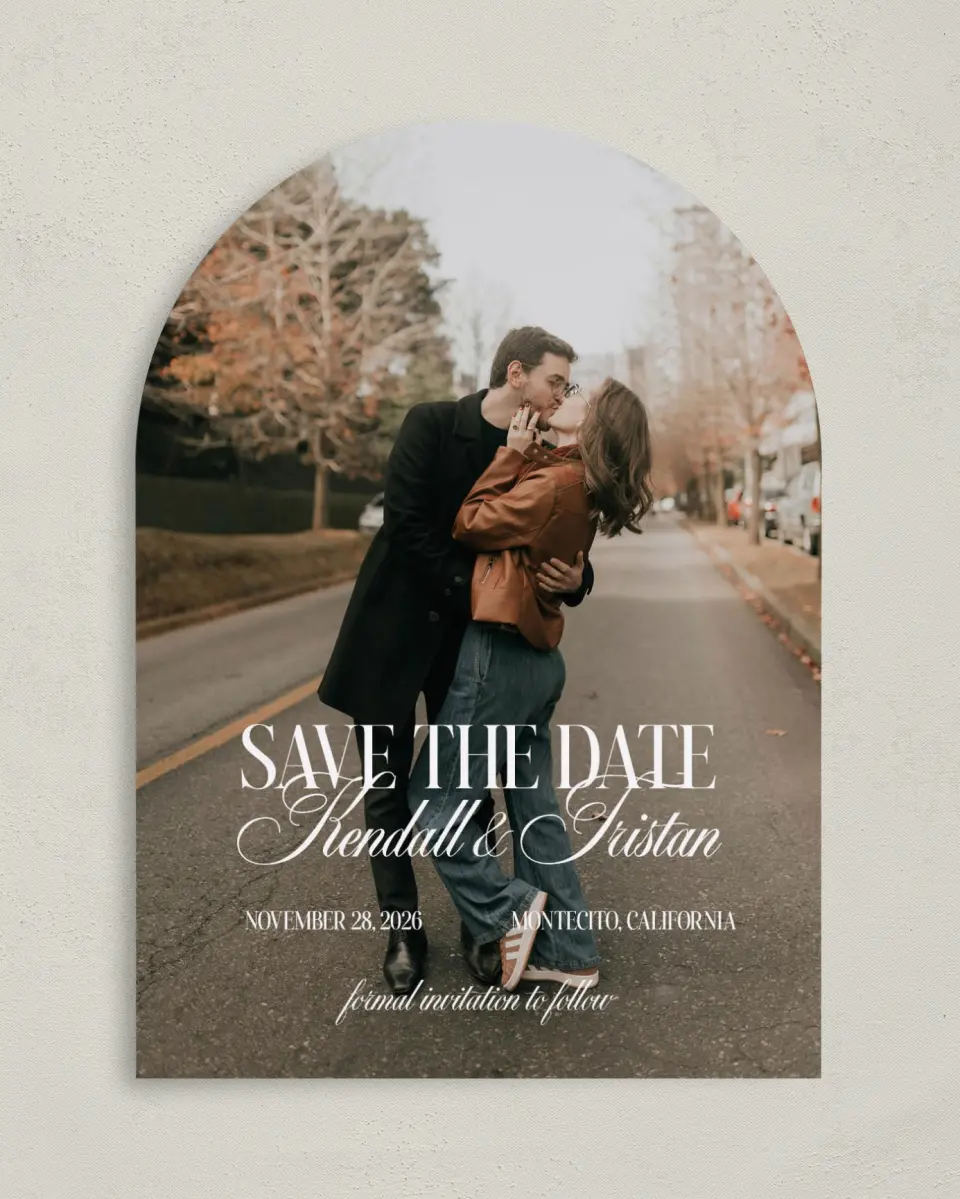 This is a 5" x 7" Arch Save the Date called Montecito printed in full color on Premium Smooth paper