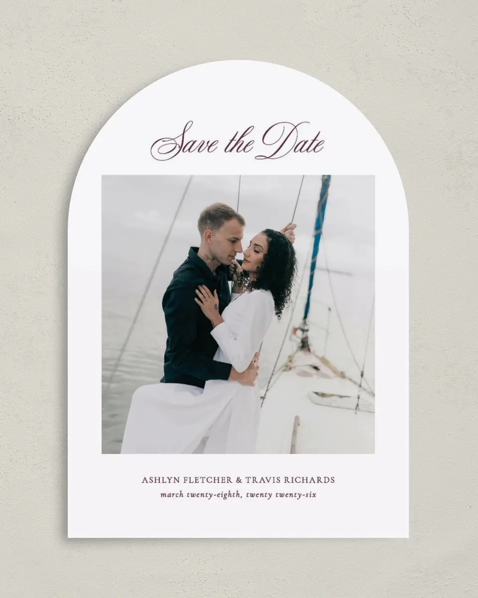 This is a 5" x 7" Arch Save the Date called Georgetown printed in full color on Premium Smooth paper