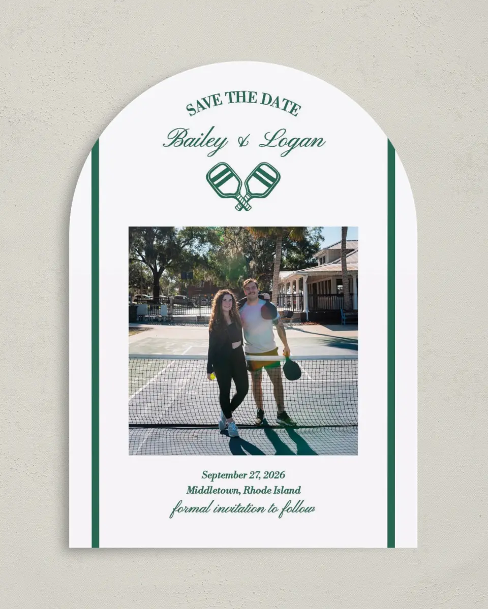 This is a 5" x 7" Arch Save the Date called Serving Up Forever printed in full color on Premium Smooth paper