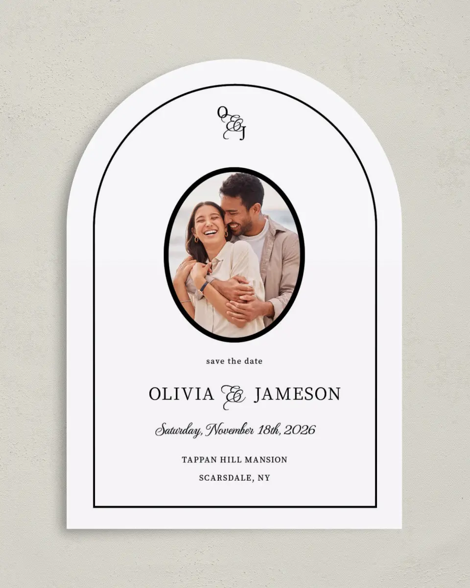 This is a 5" x 7" Arch Save the Date called Scarsdale printed in full color with Silver foil on Luxe Satin paper