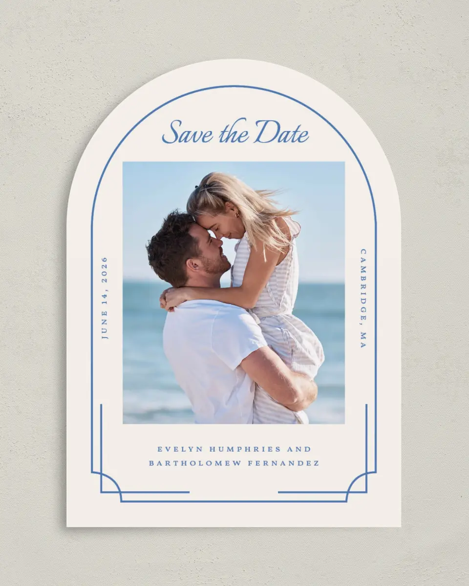 This is a 5" x 7" Arch Save the Date called Cambridge printed in full color on Premium Smooth paper