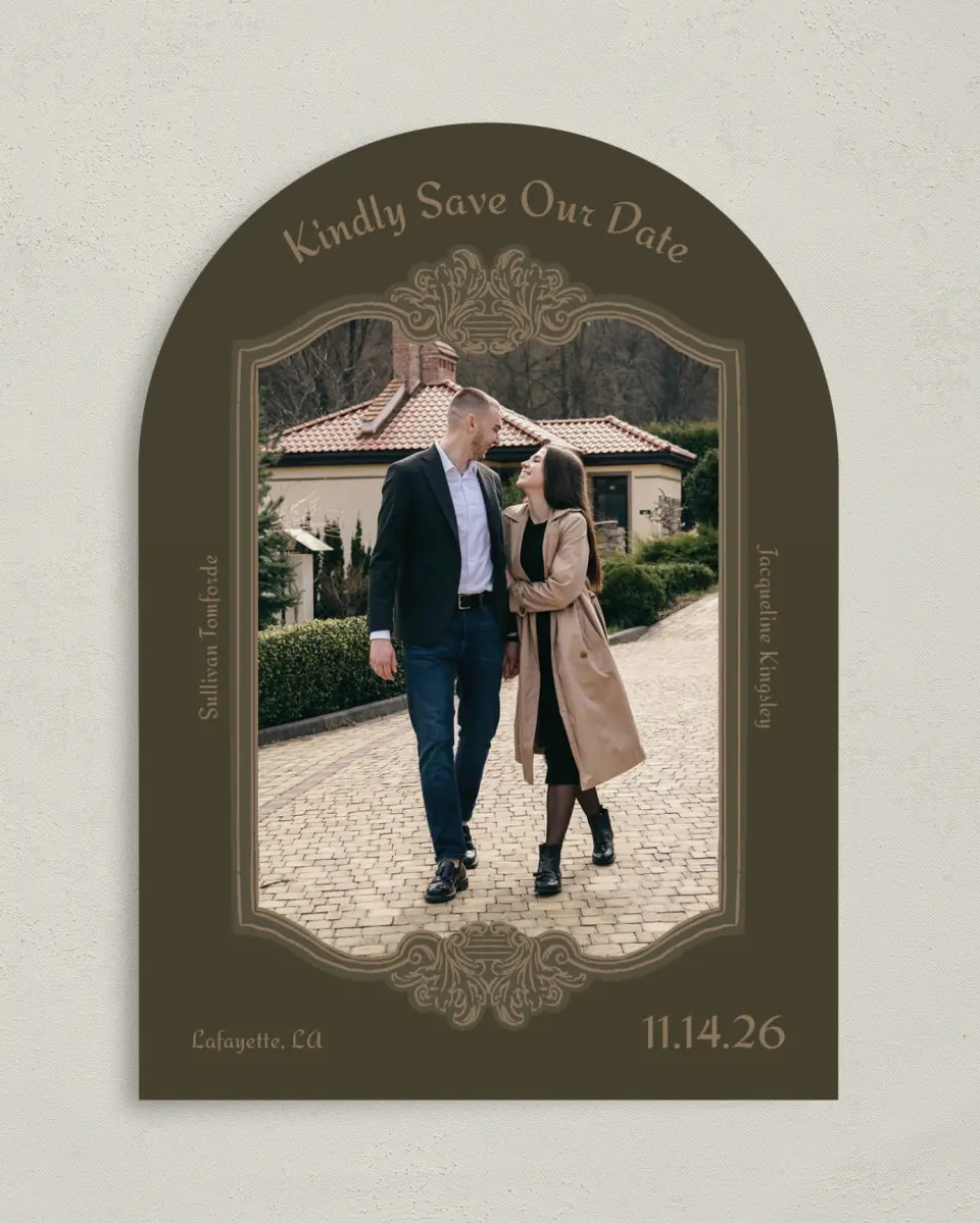 This is a 5" x 7" Arch Save the Date called Lafayette printed in full color on Premium Smooth paper