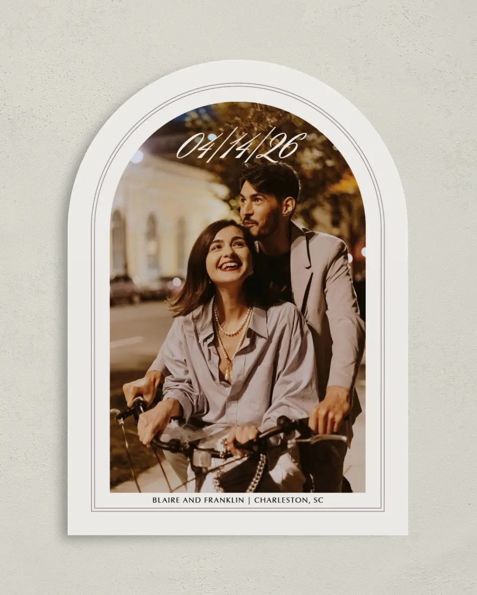 This is a 5" x 7" Arch Save the Date called Charleston printed in full color on Premium Smooth paper