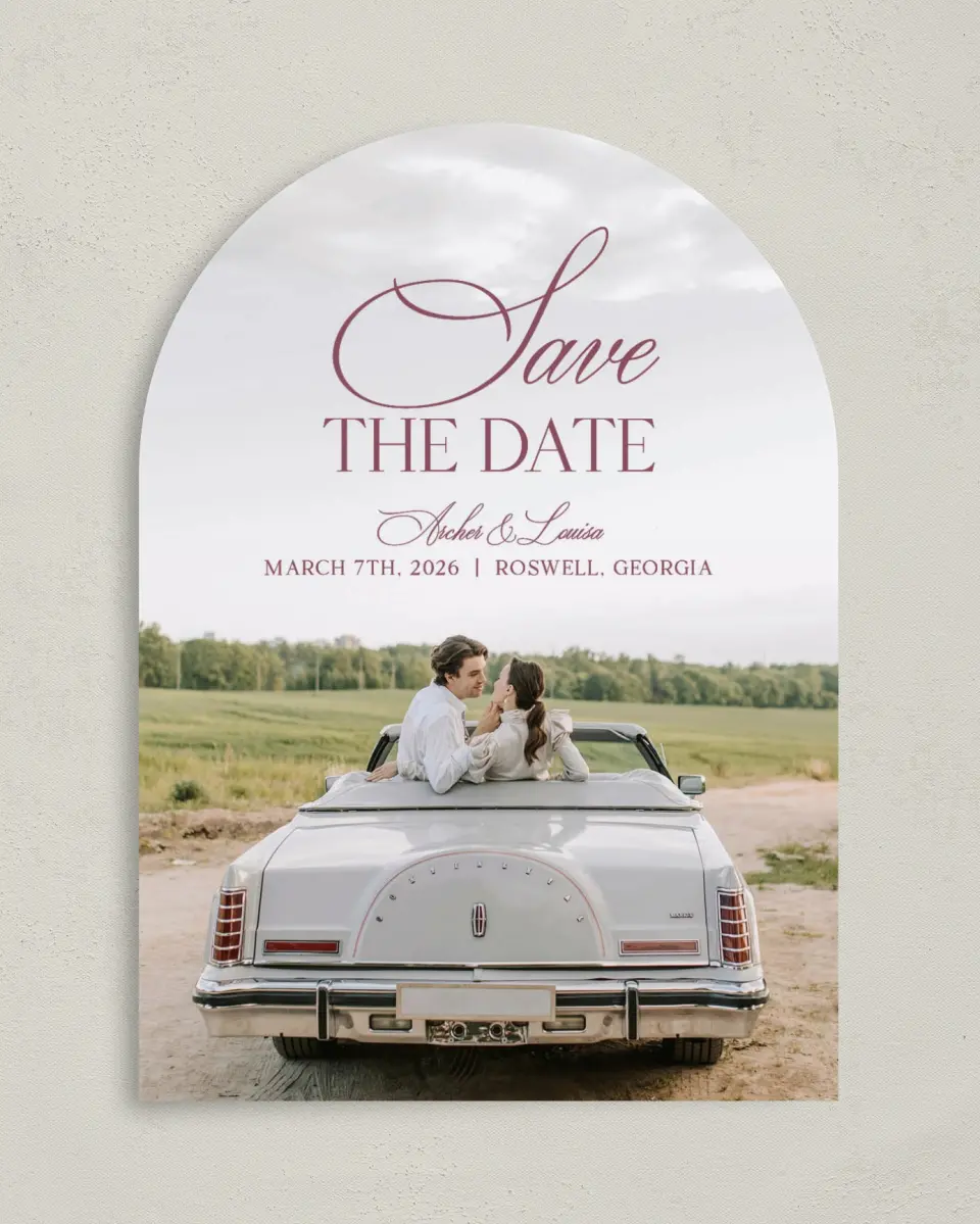This is a 5" x 7" Arch Save the Date called Roswell printed in full color on Premium Smooth paper