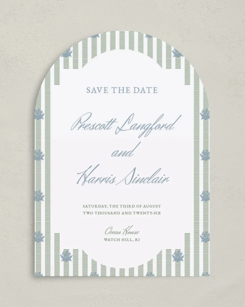 This is a 5" x 7" Arch Save the Date called Watch Hill printed in full color on Premium Smooth paper