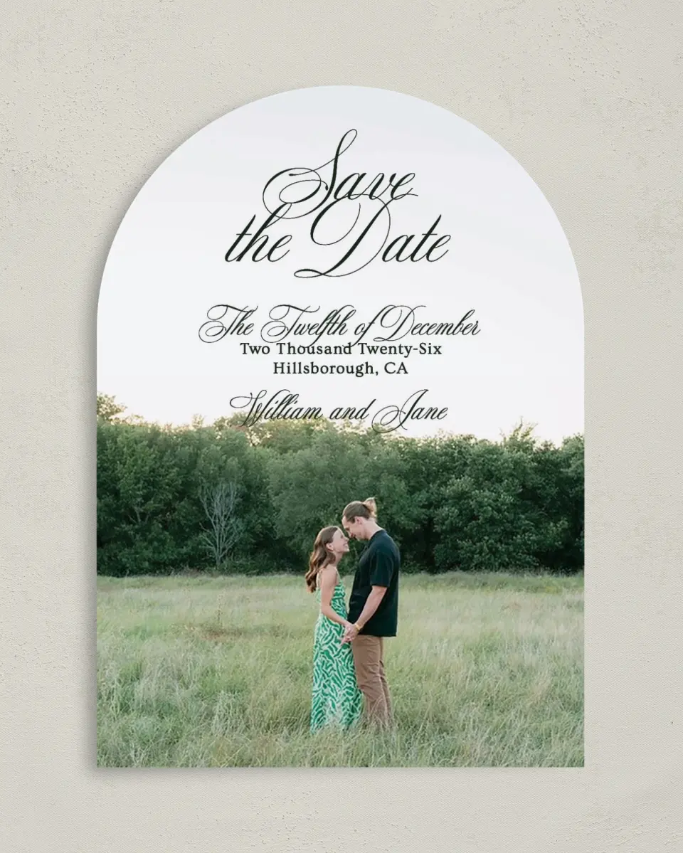 This is a 5" x 7" Arch Save the Date called Hillsborough printed in full color on Premium Smooth paper