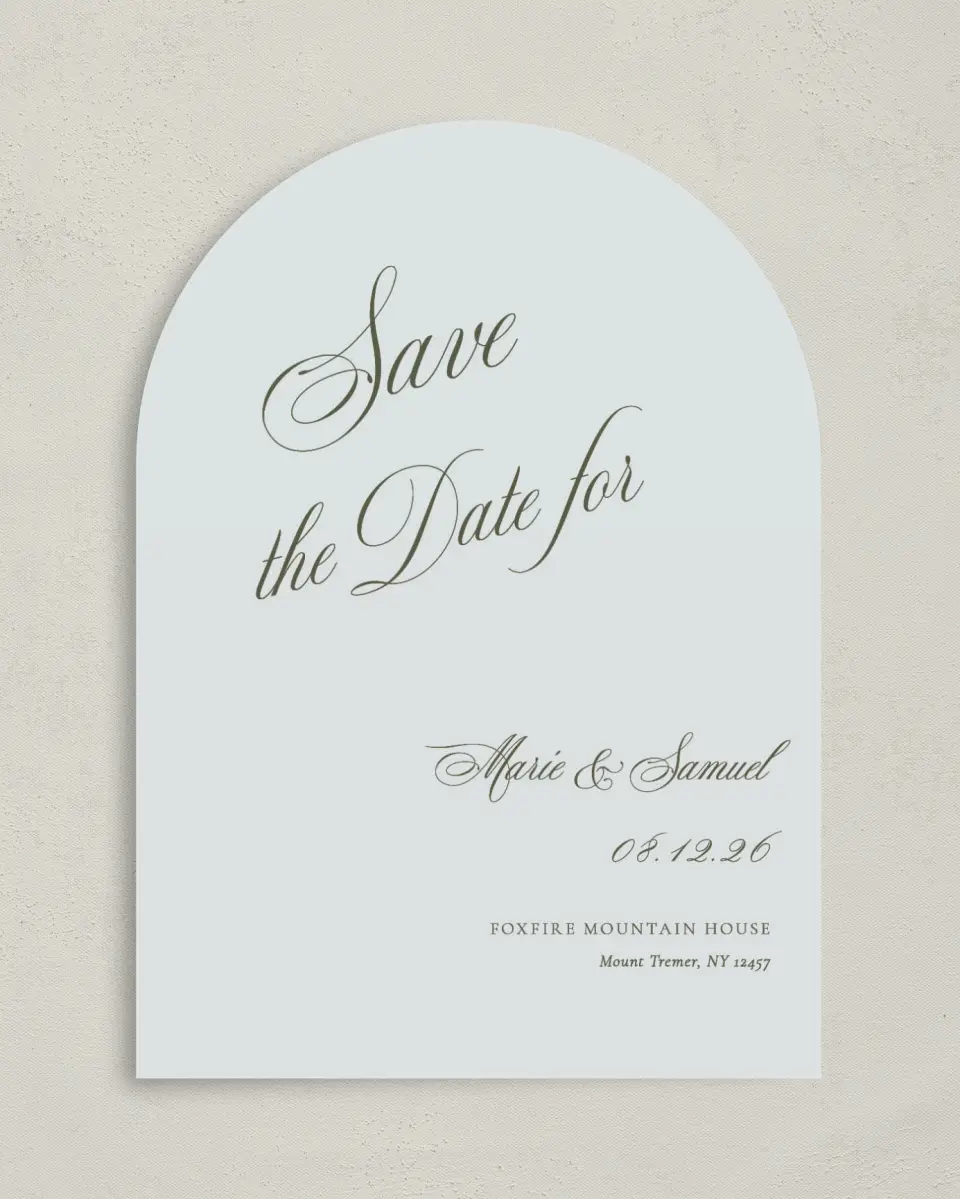 This is a 5" x 7" Arch Save the Date called Foxfire printed in full color on Premium Smooth paper