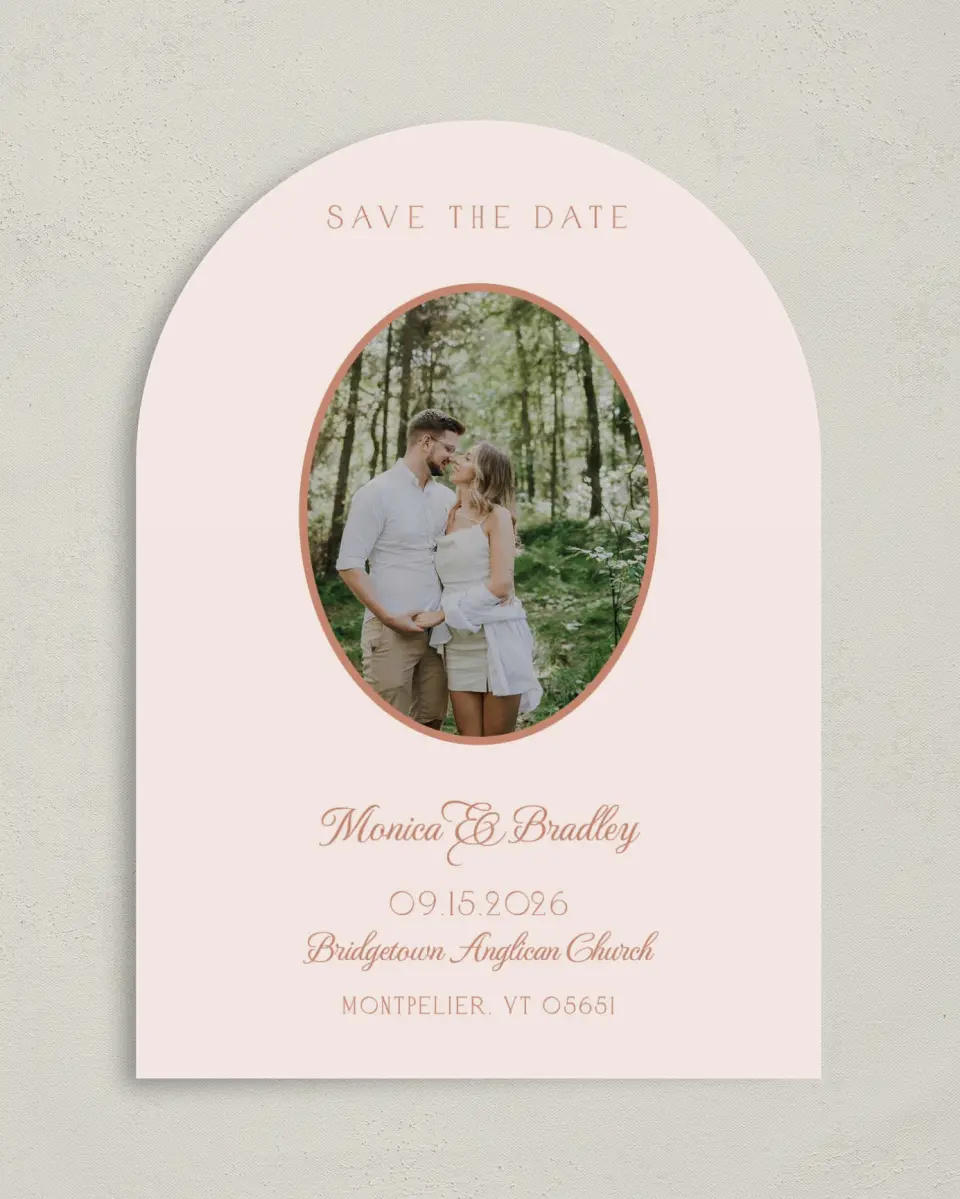 This is a 5" x 7" Arch Save the Date called Bridgetown printed in full color on Premium Smooth paper