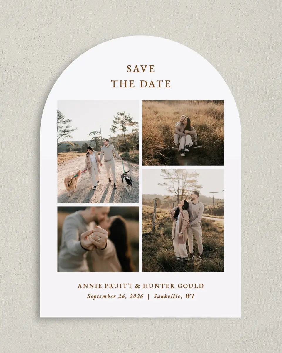 This is a 5" x 7" Arch Save the Date called Cedarhill Crossing printed in full color on Premium Smooth paper