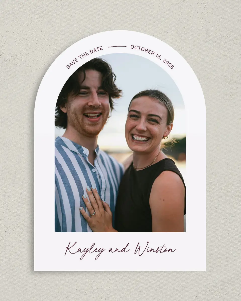 This is a 5" x 7" Arch Save the Date called The Wilclift printed in full color on Premium Smooth paper