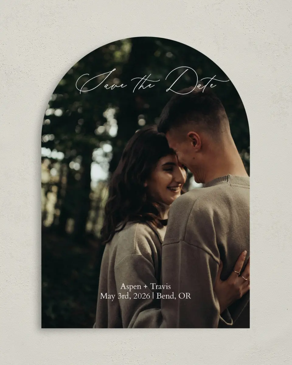 This is a 5" x 7" Arch Save the Date called Willowmere printed in full color on Premium Smooth paper