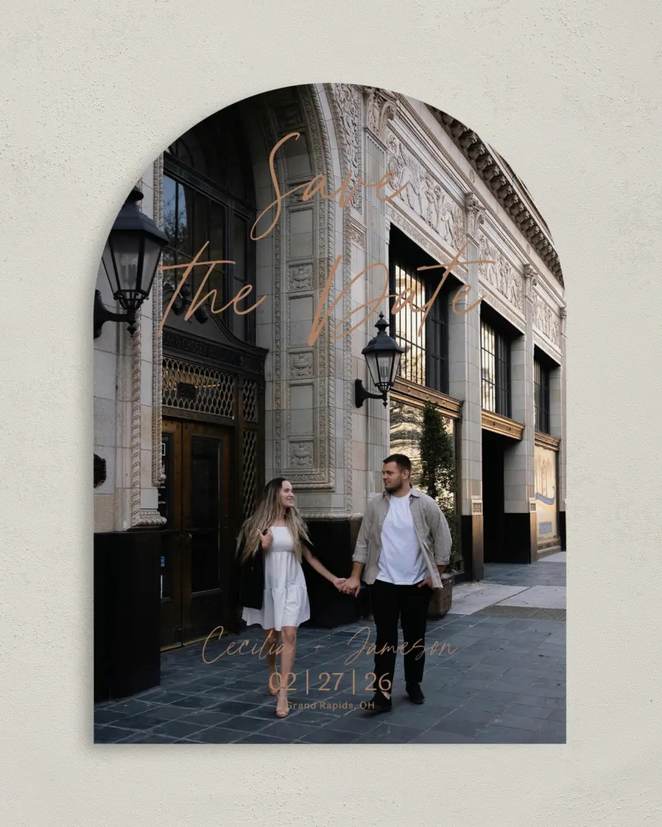 This is a 5" x 7" Arch Save the Date called Nazareth & Stone printed in full color on Premium Smooth paper