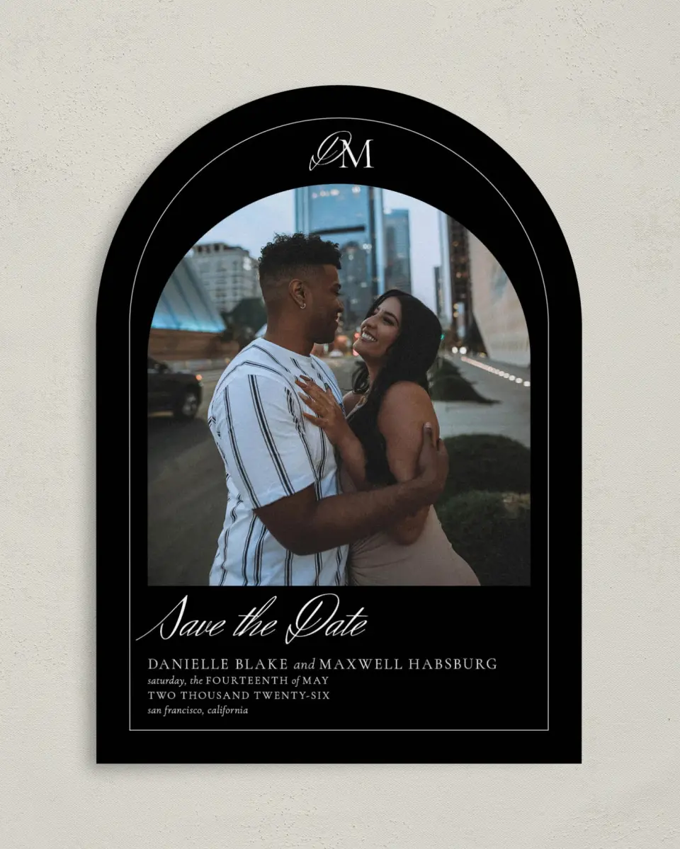 This is a 5" x 7" Arch Save the Date called Commonwealth Club printed in full color on Premium Smooth paper