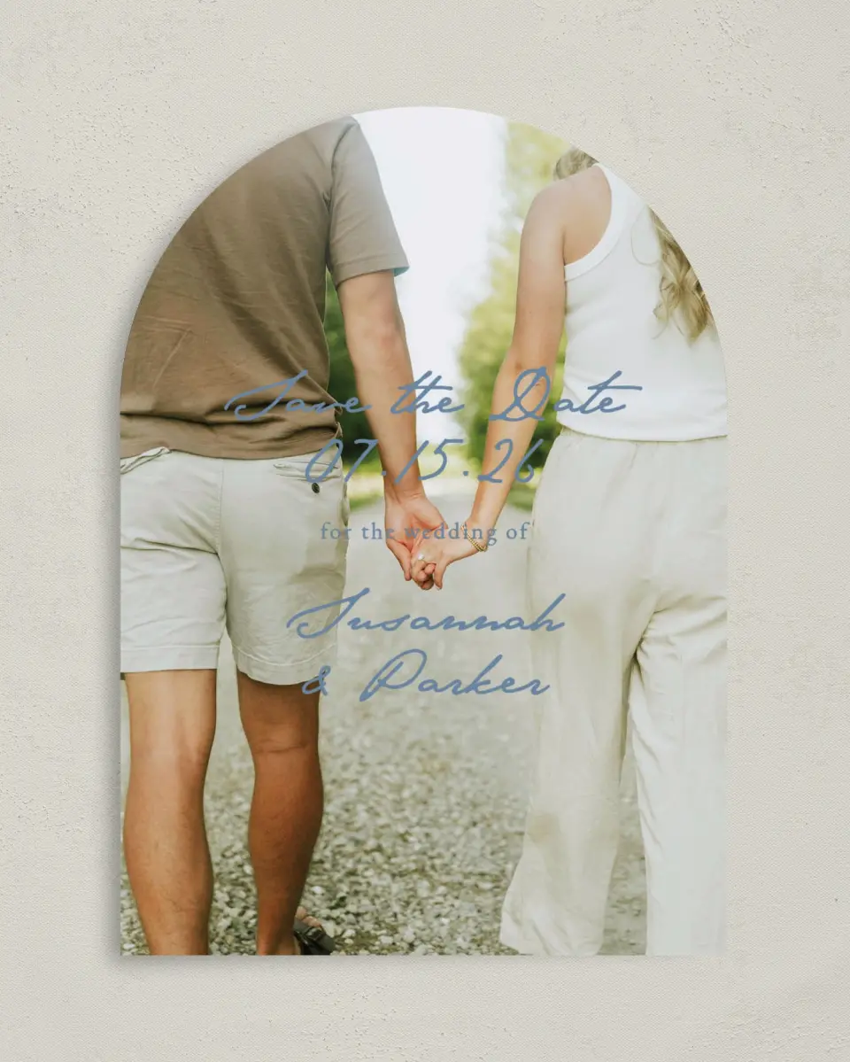 This is a 5" x 7" Arch Save the Date called Rosewood printed in full color on Premium Smooth paper