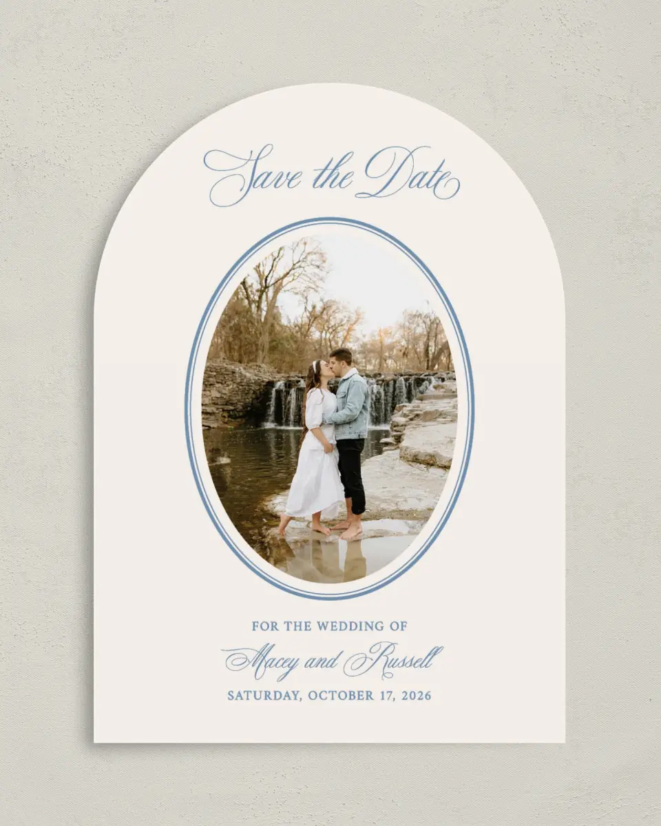 This is a 5" x 7" Arch Save the Date called Vintage Reverie printed in full color on Premium Smooth paper