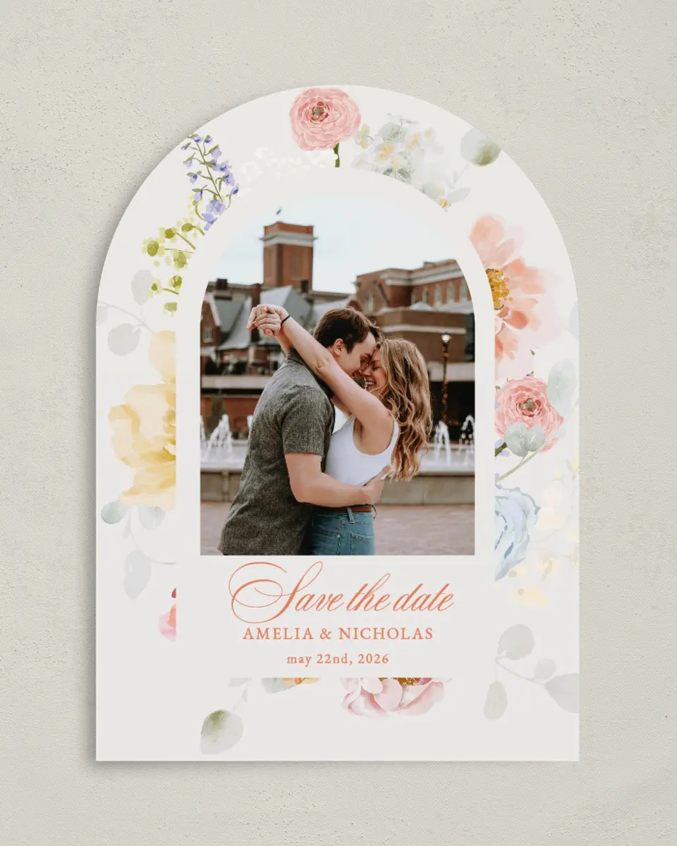 This is a 5" x 7" Arch Save the Date called Forever Favorite printed in full color on Premium Smooth paper