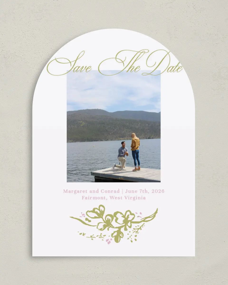 This is a 5" x 7" Arch Save the Date called Evening in Bloom printed in full color with Silver foil on Luxe Satin paper