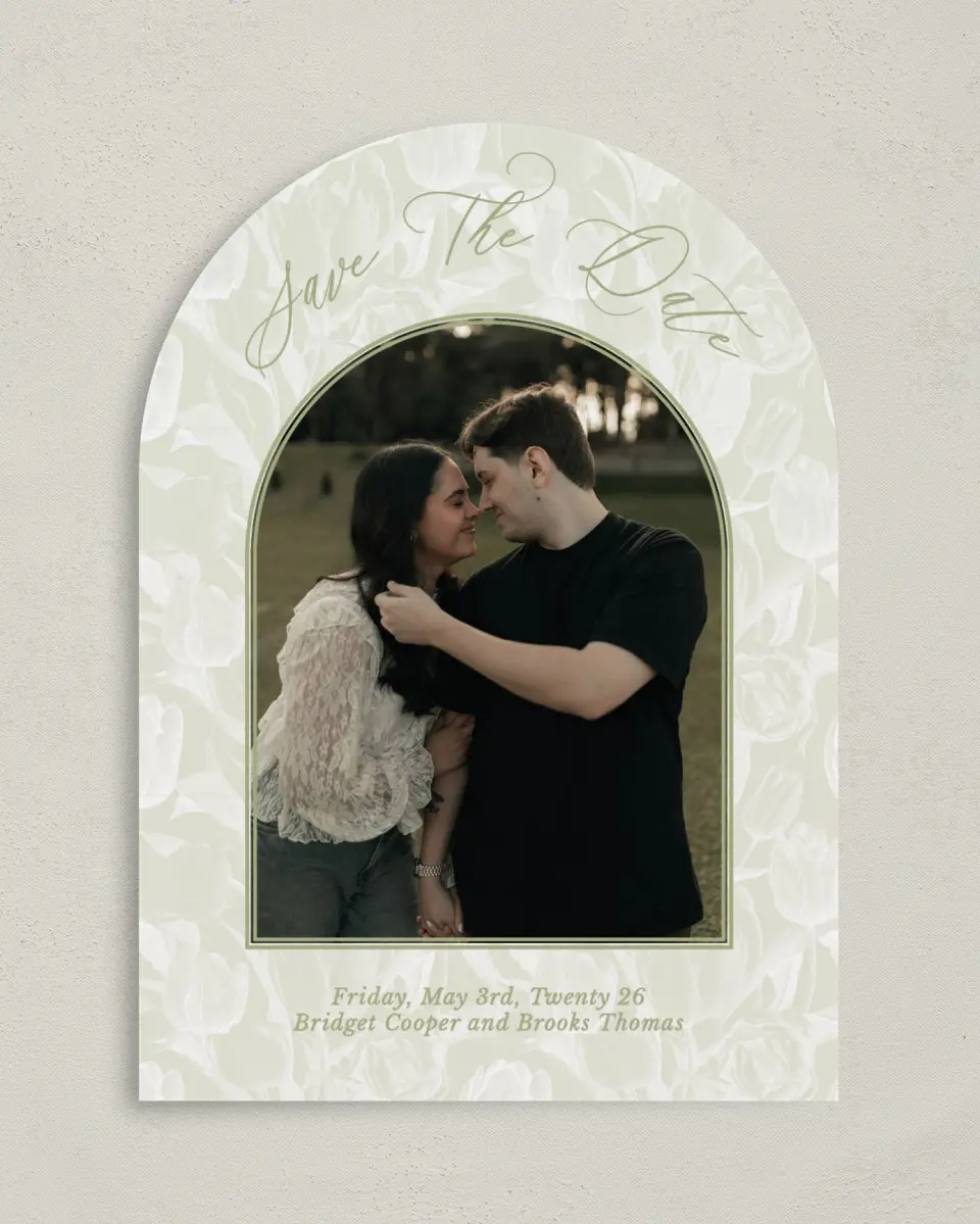 This is a 5" x 7" Arch Save the Date called Timeless Tulips printed in full color on Premium Smooth paper