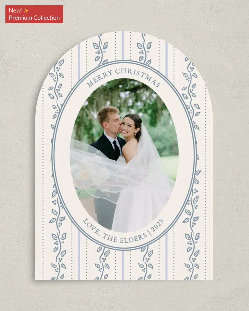 This is a 5" x 7" Christmas Card called Petal and Pine printed in full color with Gold foil on Premium Smooth paper
