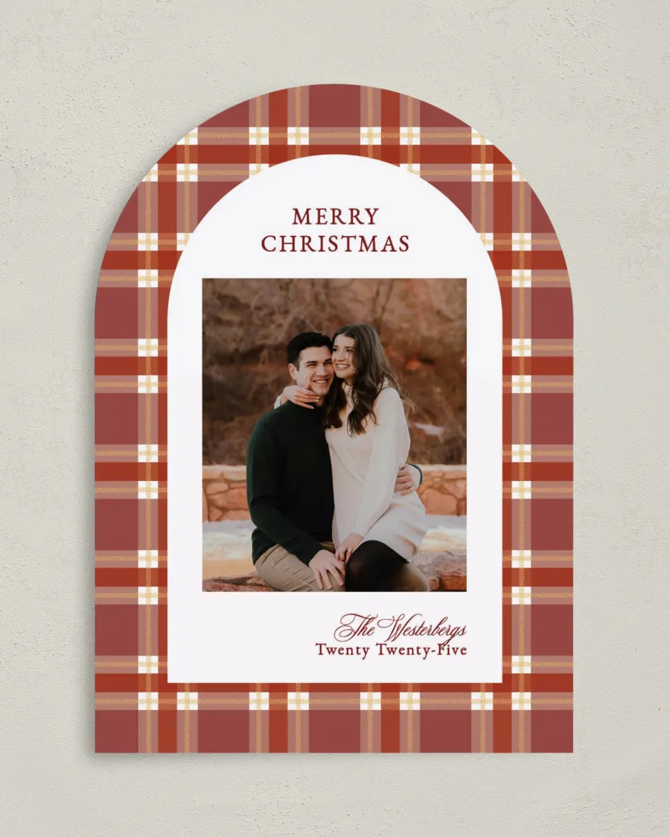 This is a 5" x 7" Christmas Card called Plaid Tidings printed in full color on Premium Smooth paper