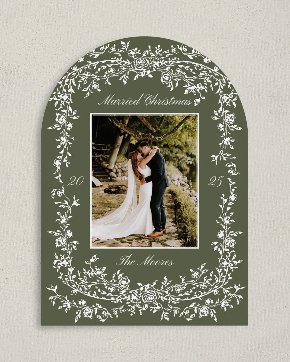 This is a 5" x 7" Christmas Card called Wedded Wishes printed in full color on Premium Smooth paper