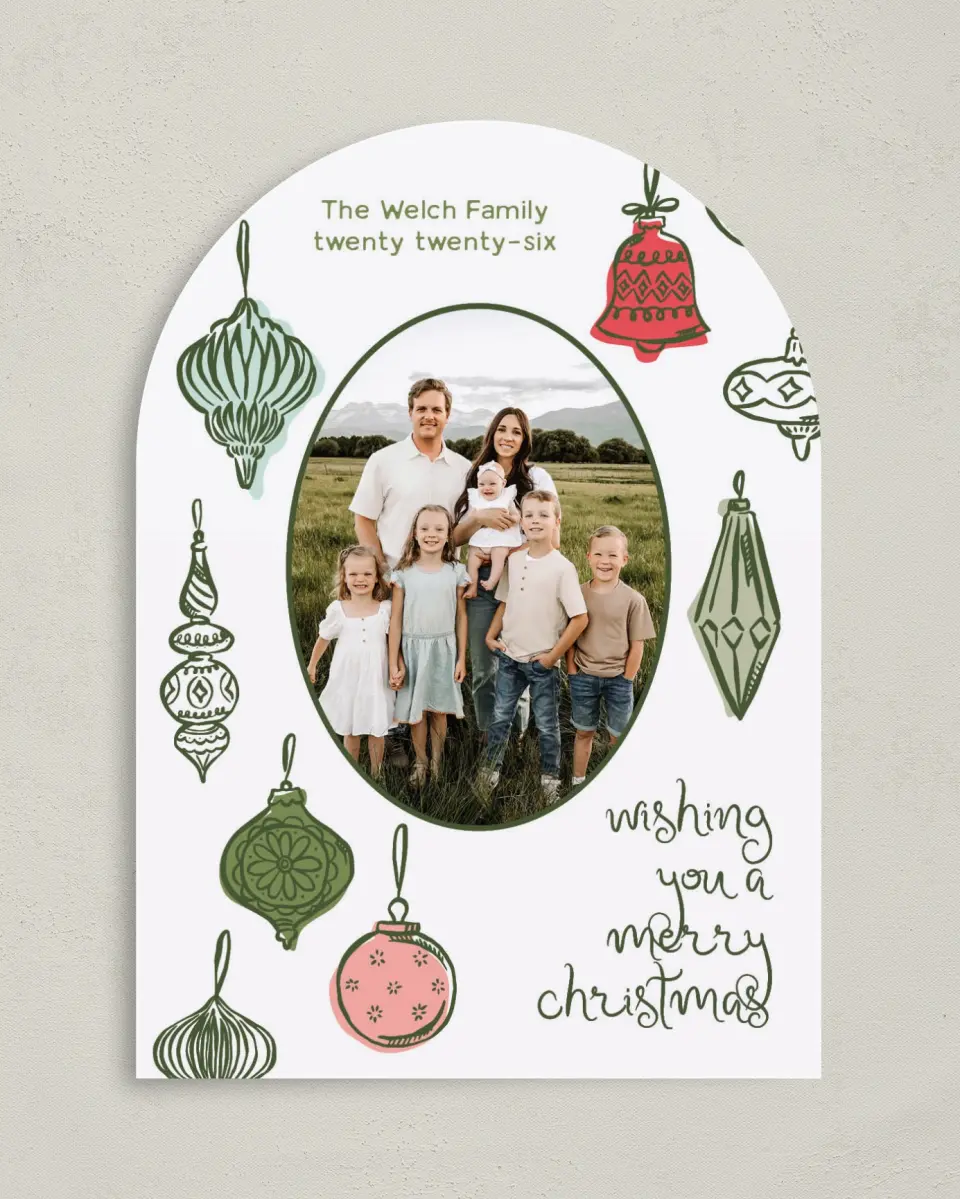This is a 5" x 7" Christmas Card called Baubled Boughs printed in full color with Gold foil on Premium Smooth paper