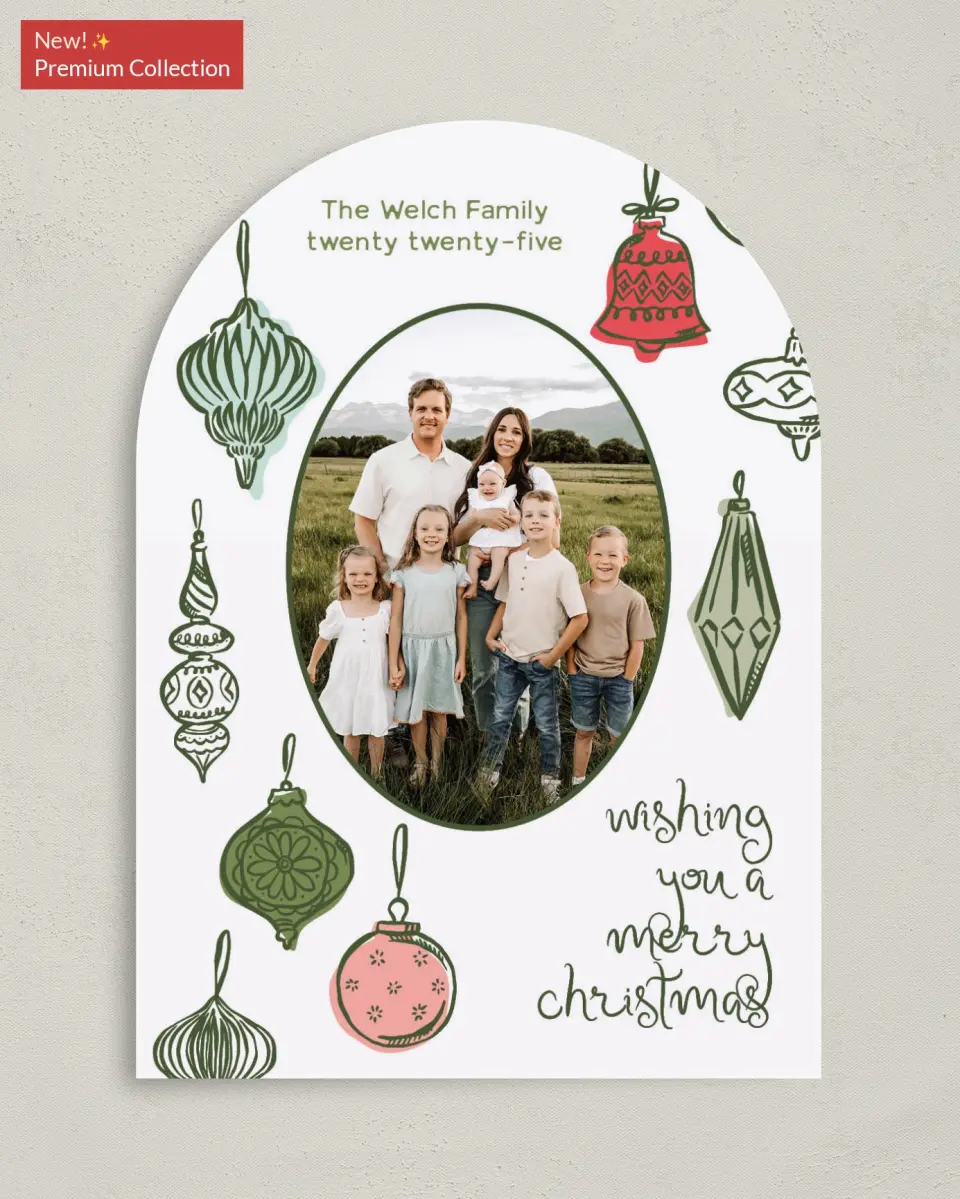 This is a 5" x 7" Christmas Card called Baubled Boughs printed in full color with Gold foil on Premium Smooth paper