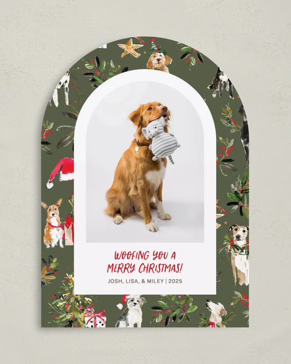 This is a 5" x 7" Christmas Card called Woofing You Christmas printed in full color on Premium Smooth paper