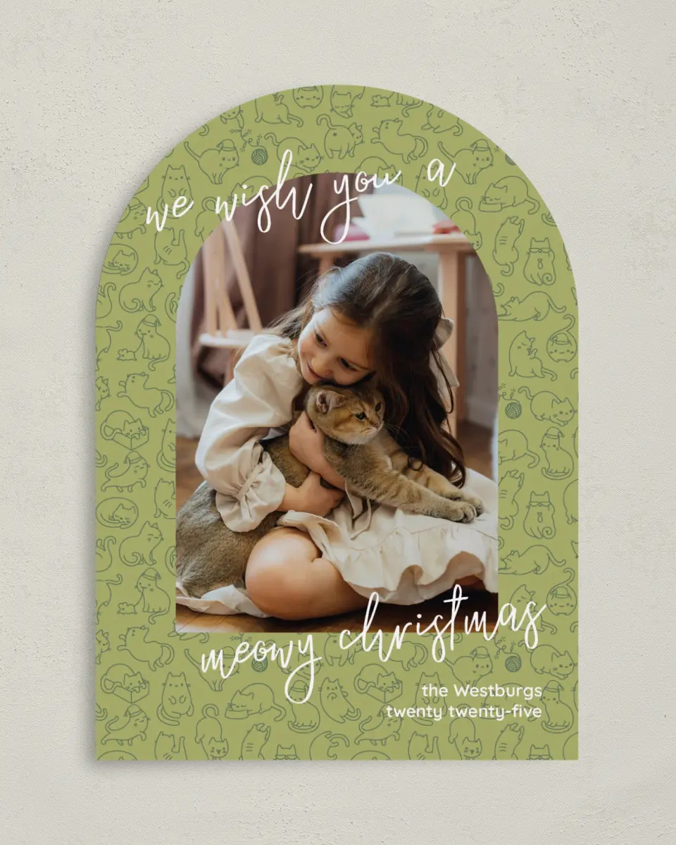 This is a 5" x 7" Christmas Card called Meowy Christmas printed in full color on Premium Smooth paper
