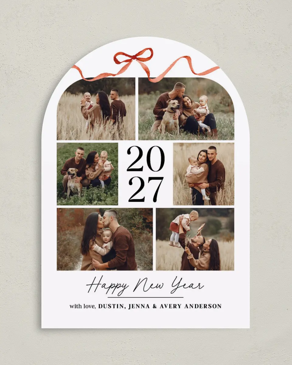 This is a 5" x 7" Christmas Card called Topped With a Bow printed in full color with Gold foil on Soft Suede (coated) paper