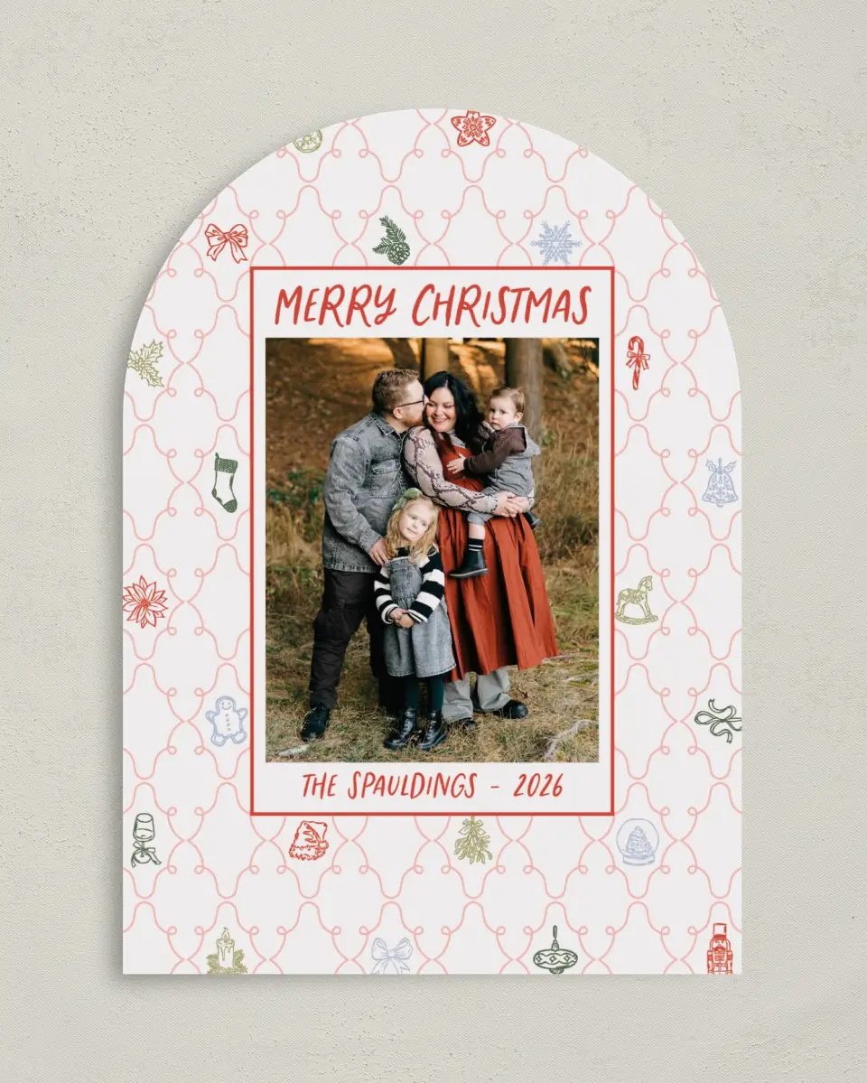 This is a 5" x 7" Christmas Card called Festive & Merry printed in full color with Gold foil on Premium Smooth paper