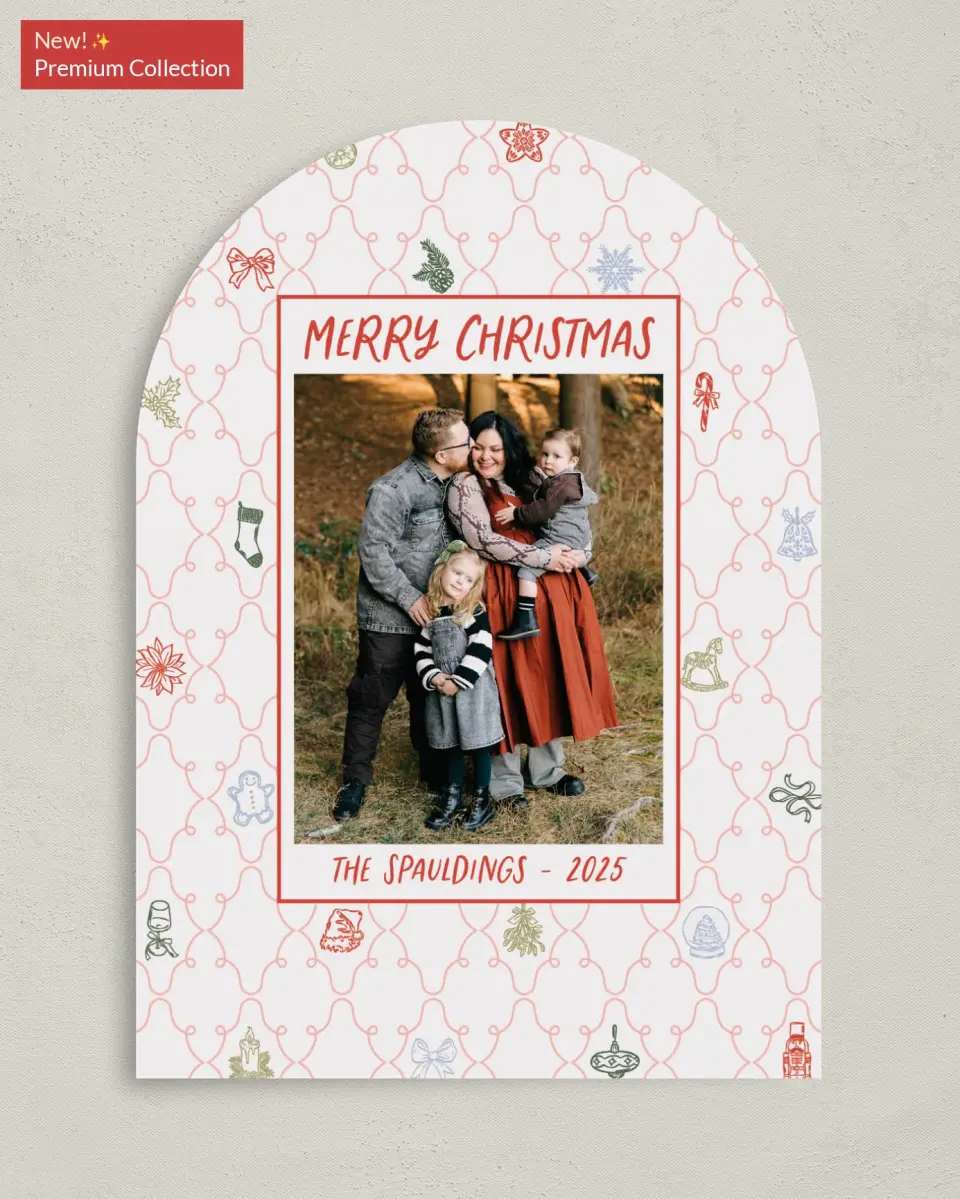 This is a 5" x 7" Christmas Card called Festive & Merry printed in full color with Gold foil on Premium Smooth paper