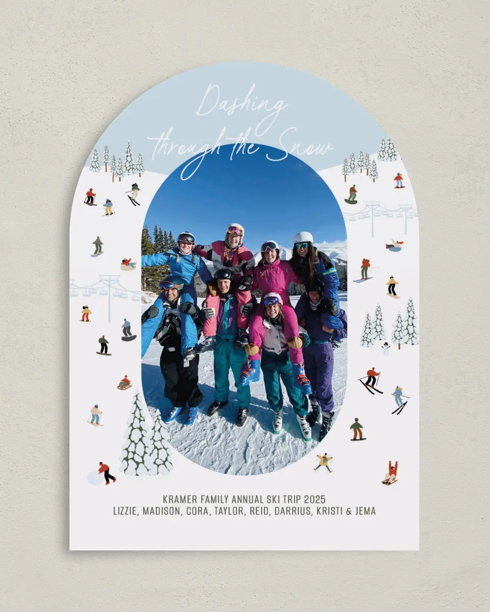 This is a 5" x 7" Christmas Card called Dashing through the Snow printed in full color on Premium Smooth paper
