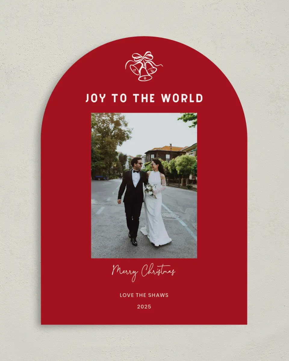This is a 5" x 7" Christmas Card called Merry Bells printed in full color with Gold foil on Soft Suede (coated) paper