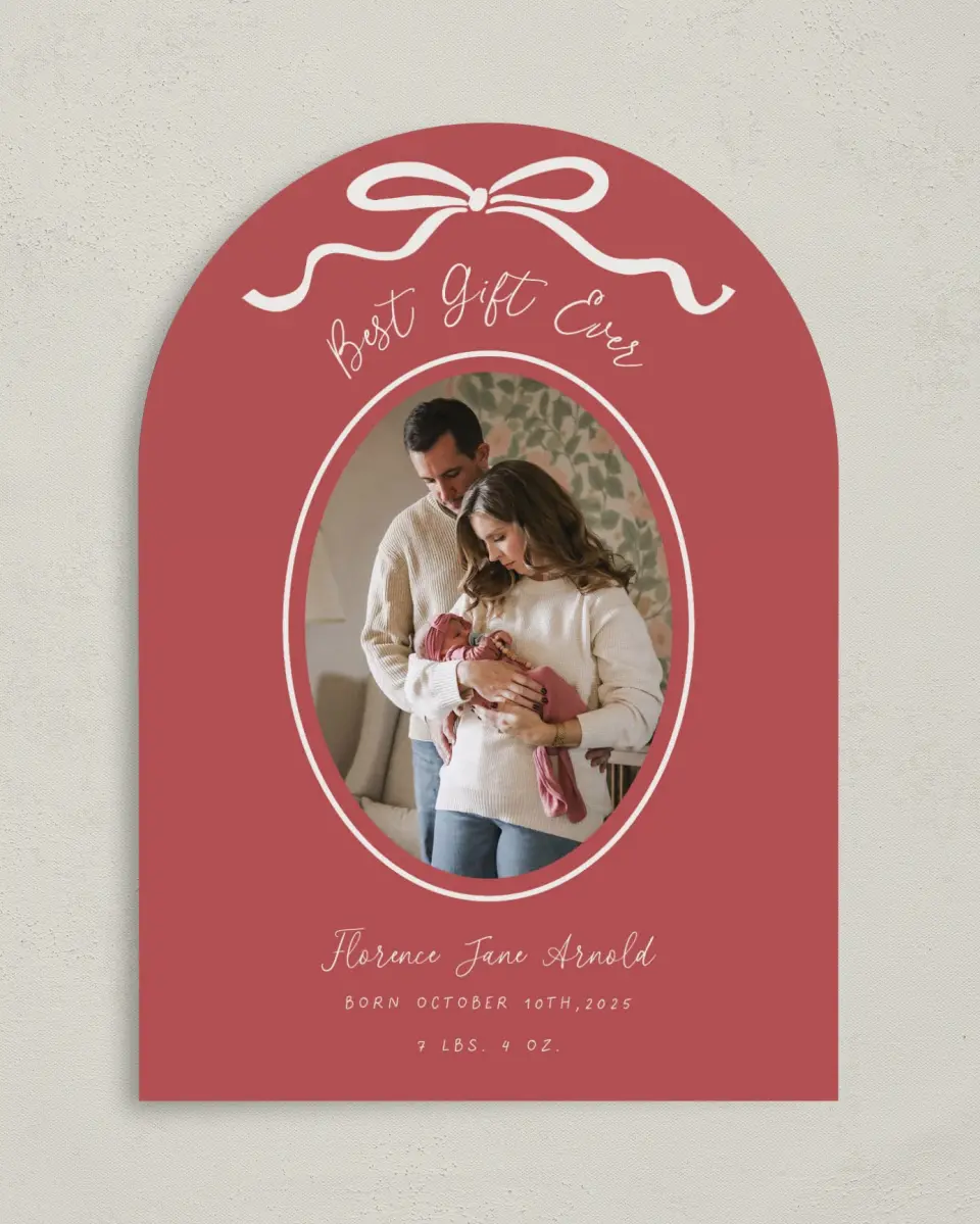This is a 5" x 7" Christmas Card called Joyful Addition printed in full color with Gold foil on Soft Suede (coated) paper