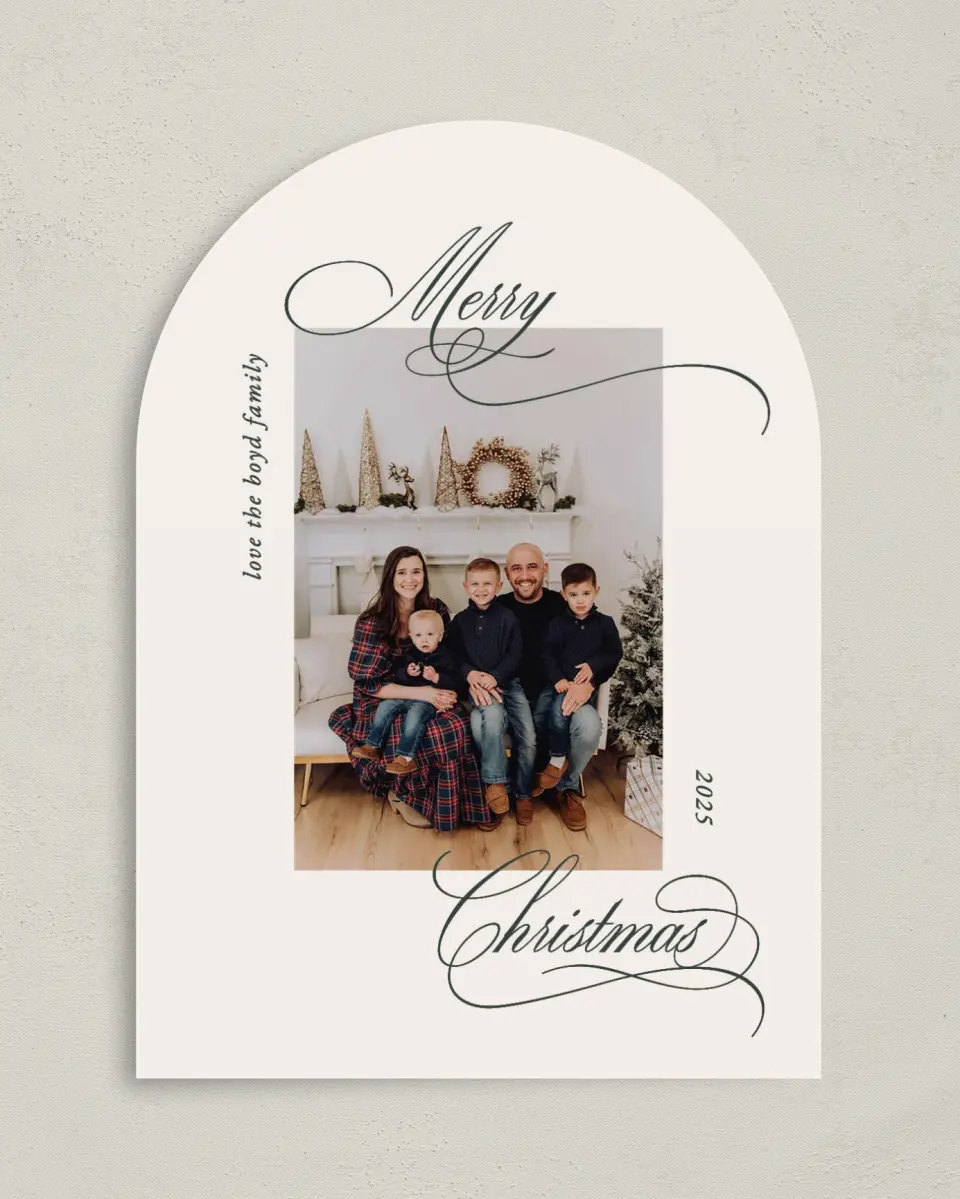This is a 5" x 7" Christmas Card called Script Christmas printed in full color on Premium Smooth paper
