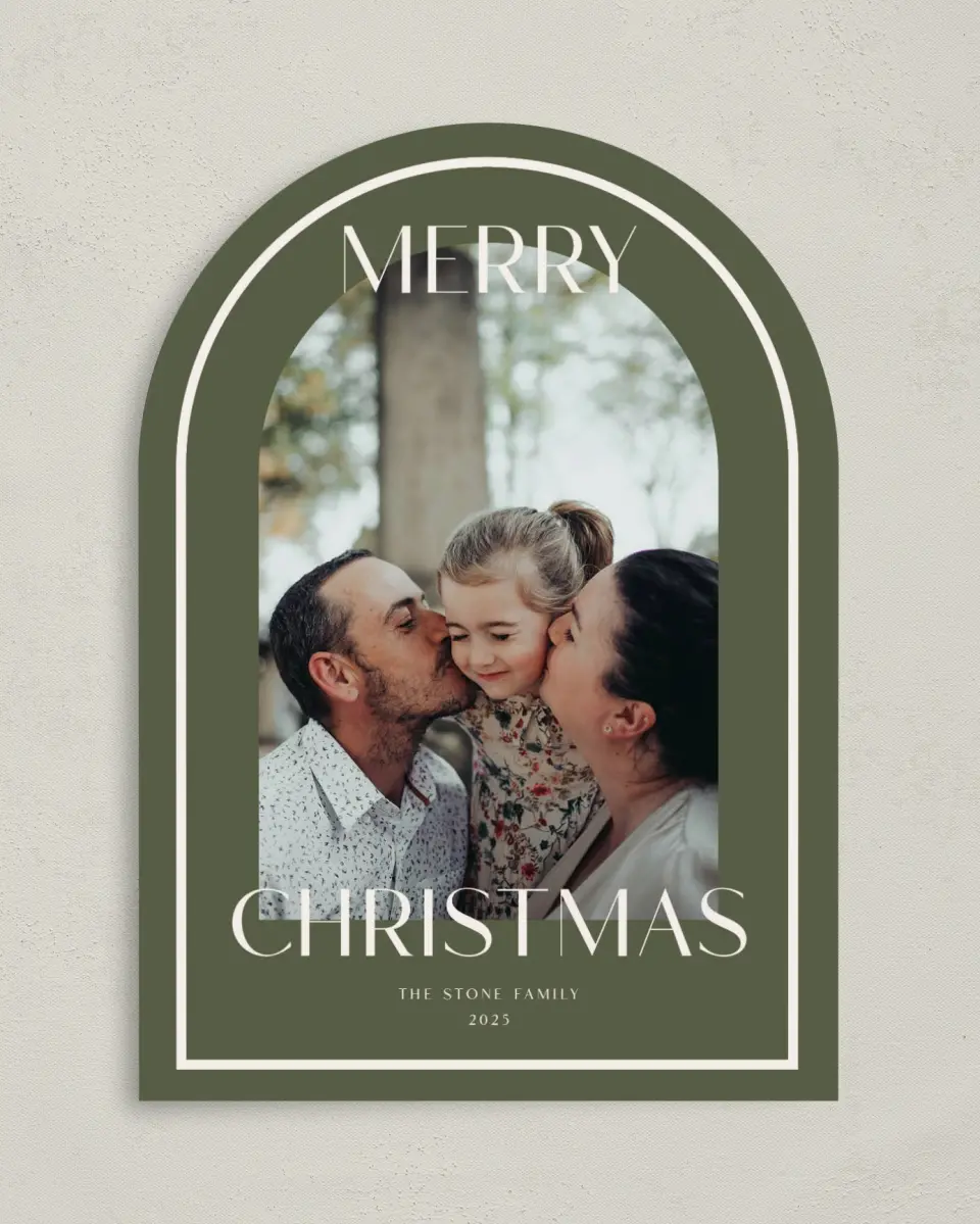 This is a 5" x 7" Christmas Card called Framed Cheer printed in full color with Gold foil on Soft Suede (coated) paper