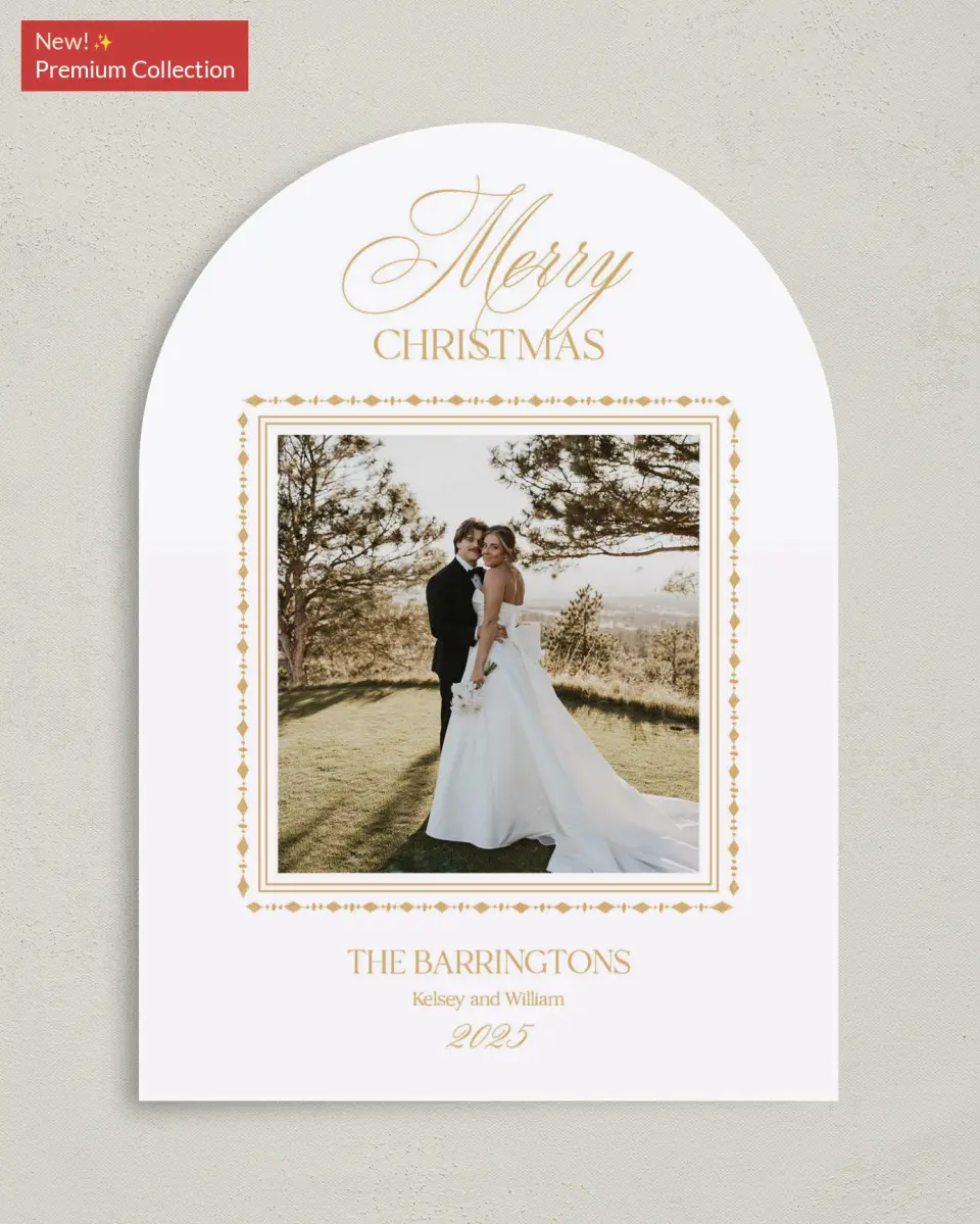 This is a 5" x 7" Christmas Card called Golden Greetings printed in full color with Gold foil on Premium Smooth paper