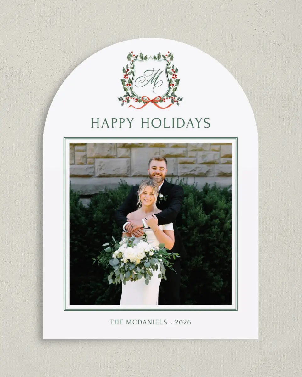 This is a 5" x 7" Christmas Card called Newlywed Crest printed in full color with Gold foil on Premium Smooth paper