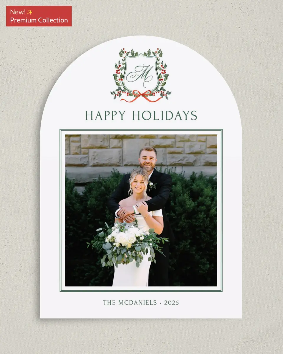 This is a 5" x 7" Christmas Card called Newlywed Crest printed in full color with Gold foil on Premium Smooth paper
