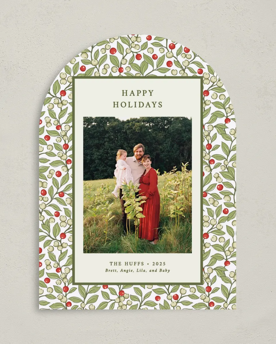 This is a 5" x 7" Christmas Card called Holiday Holly printed in full color on Premium Smooth paper