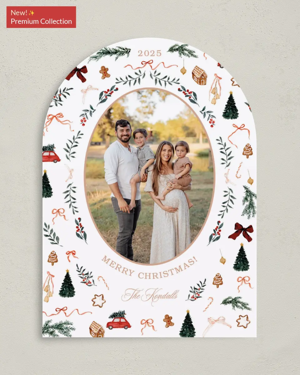 This is a 5" x 7" Christmas Card called Joyful Tidings printed in full color with Gold foil on Premium Smooth paper