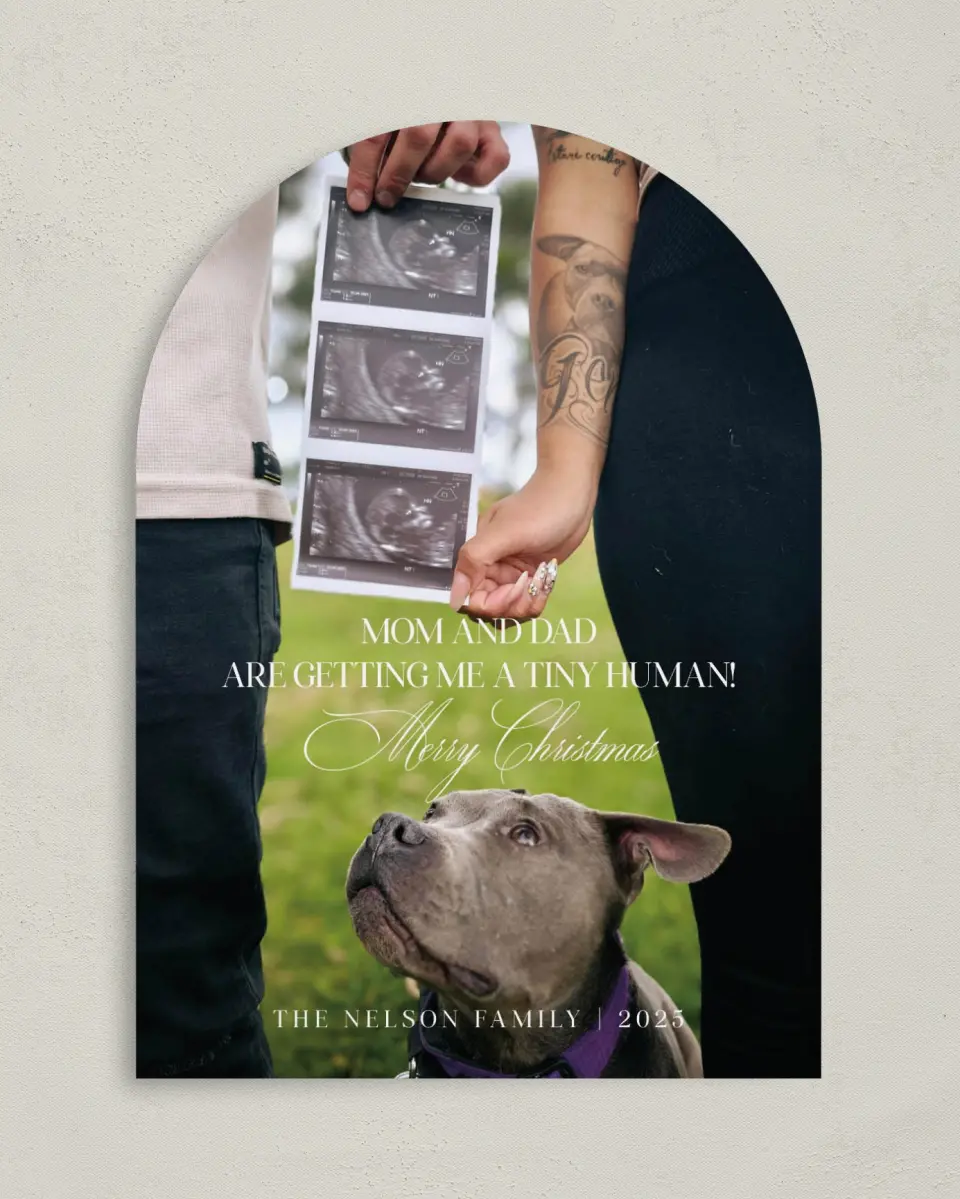 This is a 5" x 7" Christmas Card called Paws & Presents printed in full color on Premium Smooth paper